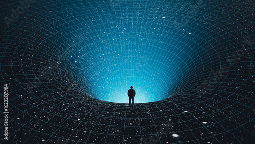 Silhouette of a man observing a black hole in the vast cosmos