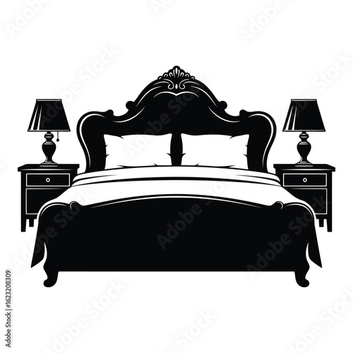 Art of elegant black silhouette of a classic ornate bed with nightstands and lamps, isolated on white background