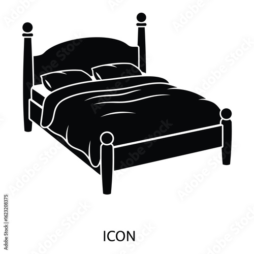 Art of simple black icon of a bed with pillows and blankets, isolated on a white background