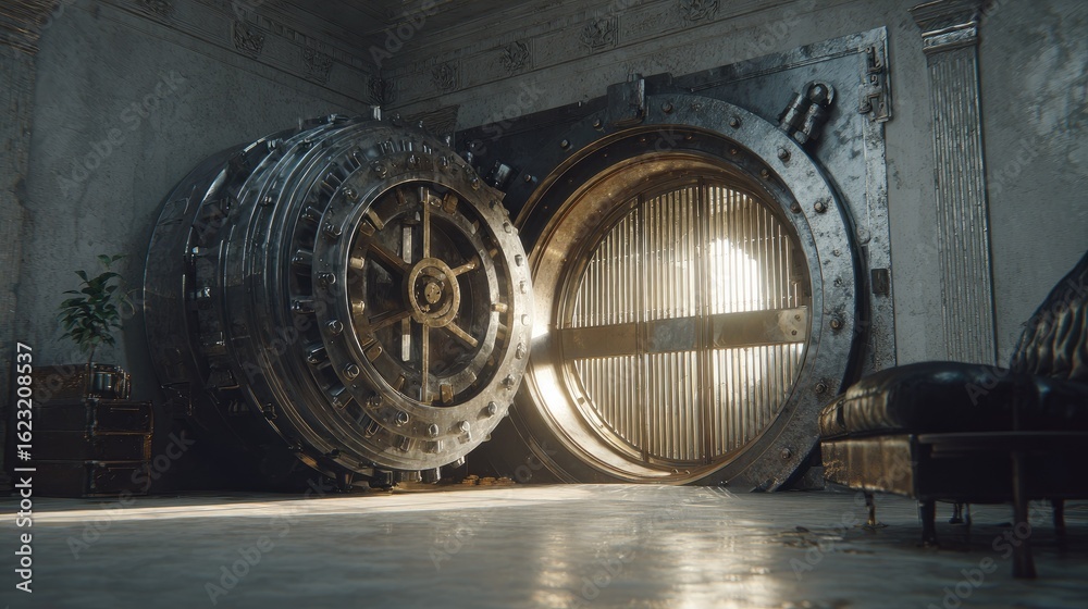 Fototapeta premium Open bank vault interior with light and aged architecture