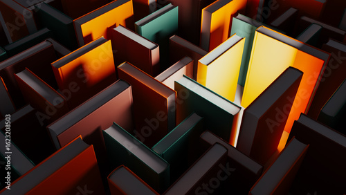 Discovering knowledge within colorful books surrounded by shadows