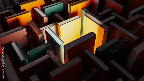 Discovering knowledge within colorful books surrounded by shadows