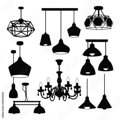 Art of collection of various black pendant lights and chandeliers in different styles, isolated on white background