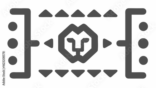 A stylized rug design featuring a lion head surrounded by triangles and bracket like shapes on the sides
