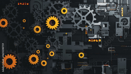 Intricate abstract 3D gear design with vivid orange accents