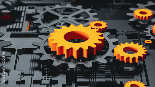 Intricate abstract 3D gear design with vivid orange accents