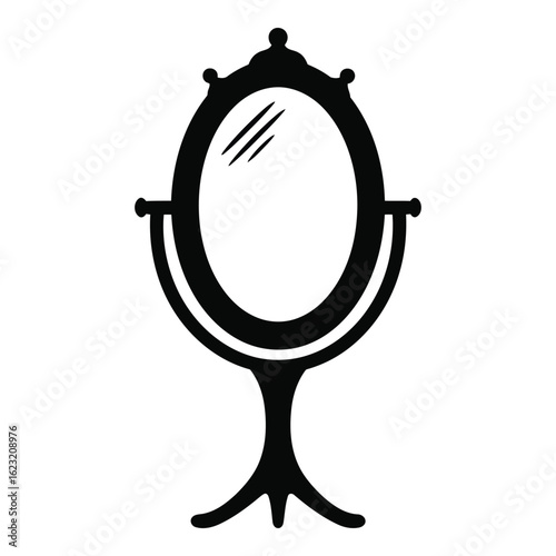 Art of elegant vintage oval tabletop mirror with ornate stand, isolated on white background
