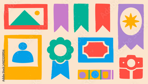 Colorful assortment of badges ribbons and frames in a flat design style illustration art piece