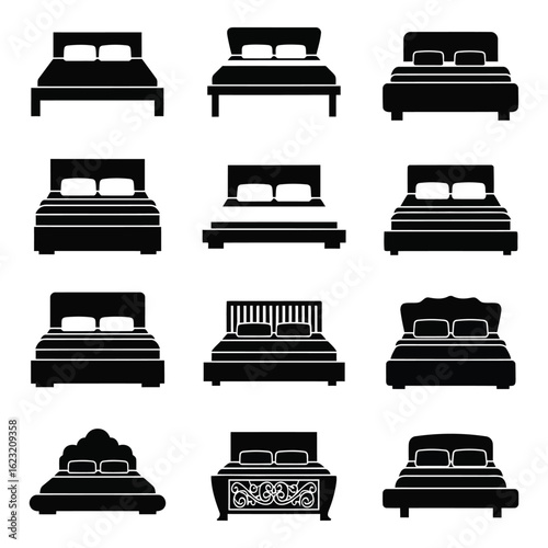 Art of collection of diverse bed designs, isolated on white background