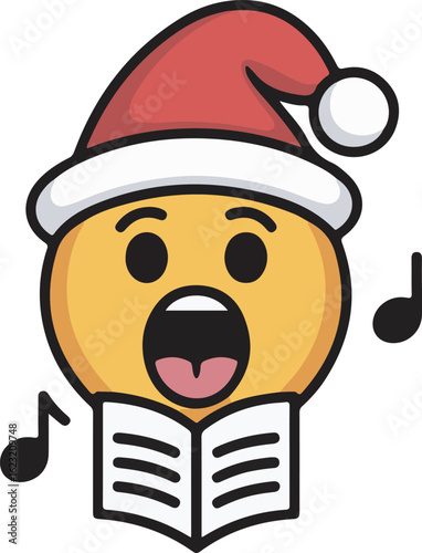 Emoji Singing Carol with Santa Hat and Book Illustration on Transparent Background