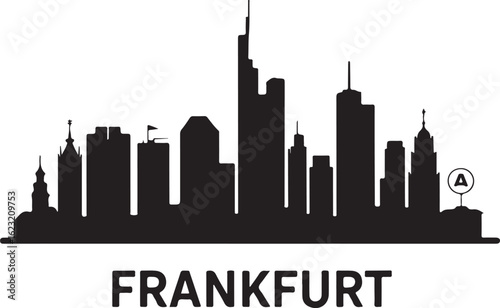 Black Silhouette of Frankfurt Skyline with Commerzbank Tower and Main Tower