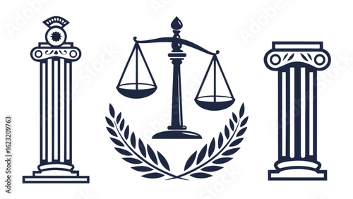 Illustration of scales of justice between two ionic columns with wreath design element