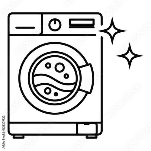 Art of simple outline drawing of a modern washing machine with a sparkling clean effect, isolated on white background