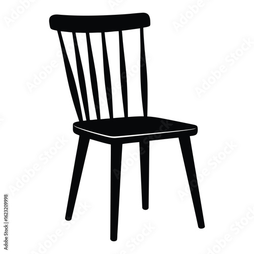 Art of a simple black silhouette of a wooden chair with a slatted backrest, isolated on a white background