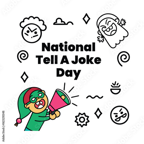 National tell a joke day celebration with funny characters and a megaphone