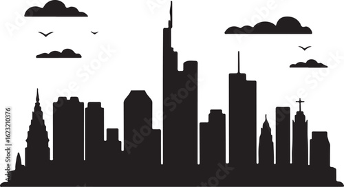 Black Silhouette of Frankfurt Skyline with Commerzbank Tower and Main Tower