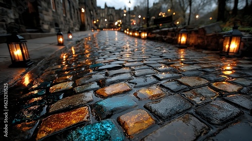 wet cobblestone street reflecting light and decor