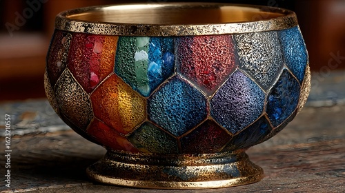 colorful ceramic cup with mosaic pattern on pedestal