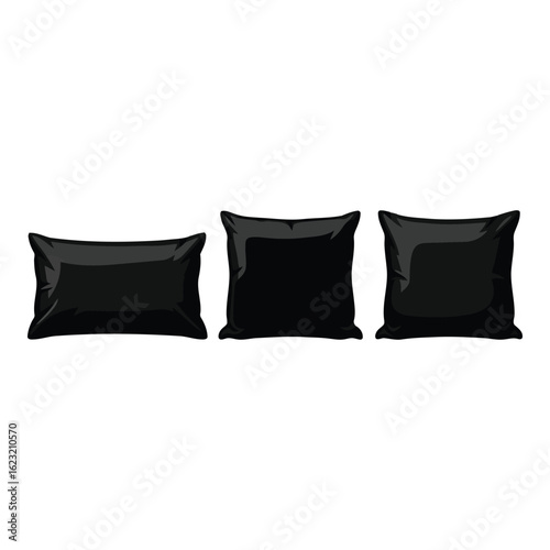 Art of three black pillows of different shapes isolated on white background