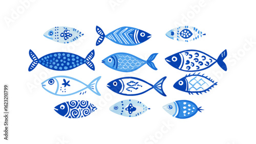 Assortment of blue decorative fish with various patterns swimming in a group on a white background