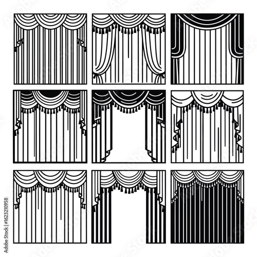 Art of collection of nine decorative curtain designs with tassels and swags, isolated on white background