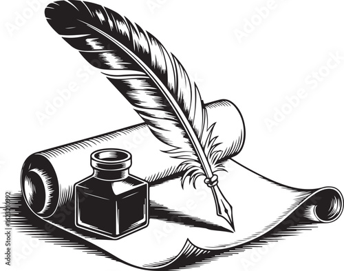 engraving vintage quill inkwell on parchment vector art illustration, old vintage quill design.	
