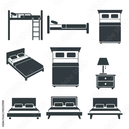 Art of collection of various bed types and bedroom furniture icons, including bunk beds, standard beds, and nightstands with lamps, isolated on white