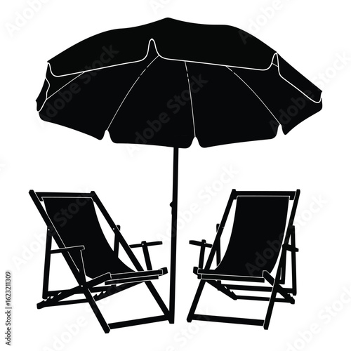 Art of silhouette of two deck chairs and a large umbrella on a white background, perfect for summer beach relaxation