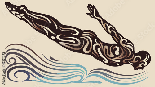 Stylized diver with dark brown and beige patterns diving into blue and dark wavy water design art