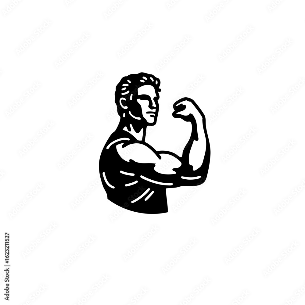 Fototapeta premium Black & White Flexing Arm Icon – Strong Minimalist Symbol on White Background