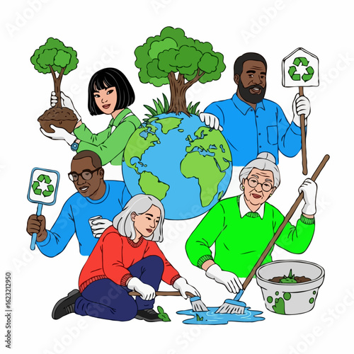 A diverse group of community volunteers happily working together to protect the environment by planting trees and cleaning around the globe