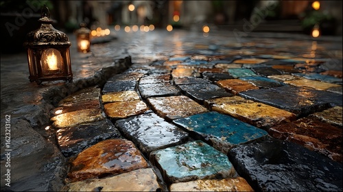 wet cobblestone street reflecting light and decor