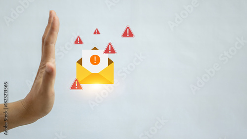 Foto Email security and spam alert with hand blocking warning messages