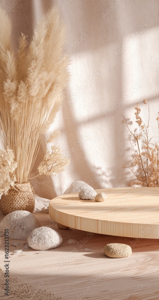 Obraz premium A light, neutral scene with pampas grass, stones, and a wooden platform