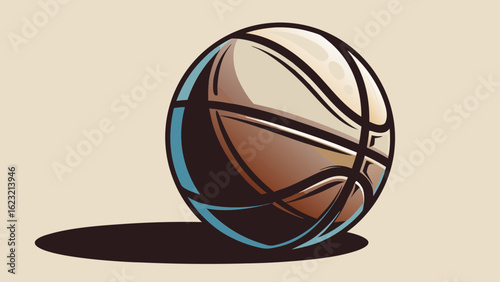 Illustration of a basketball with brown and white panels and a dark shadow on a light tan background