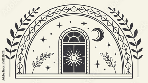Illustration of a window with sun inside, moon, stars, and leaves in a decorative archway