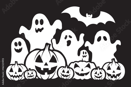 Halloween Vector Design with Ghosts Pumpkins and Bat Against Dark Backdrop Illustration for Festive Season Celebrations