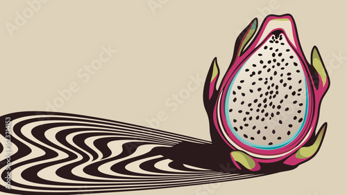 A halved dragon fruit with black seeds and pink skin with a wavy black and white shadow on beige background