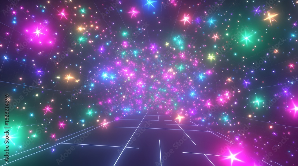 Obraz premium Neon Rainbow Stars Glowing in Dark Space Tunnel