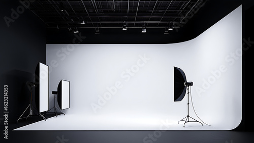 A modern, empty professional photography studio featuring a large white infinity cyclorama background. The production space is equipped with lighting gear and softboxes on stands.