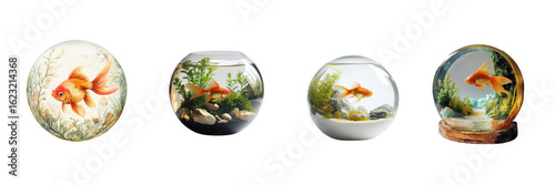 A set of colorful fly fish inside a mini bowl aquarium – isolated on a transparent background for aquatic decor and design use