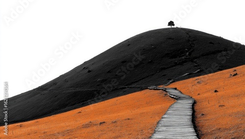 A solitary tree atop a dark hill,  a wooden path through orange fields