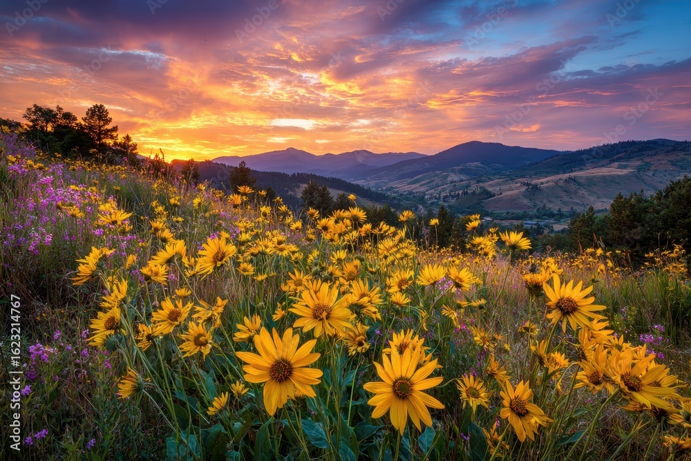 Obraz premium Golden Wildflowers Embracing the Colorado Sunrise Over Majestic Mountains
