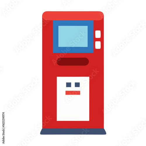 Red vending machine with a blue screen and a white panel featuring a simple face