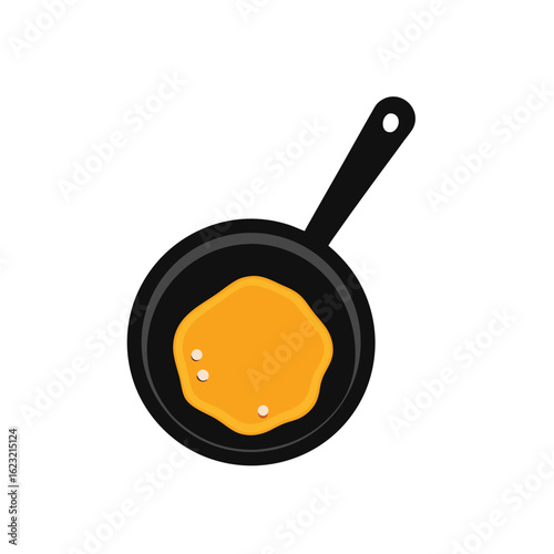 Vector icon of pancake in cartoon frying pan. Yellow hotcake flying in air on black skillet, chefs movement. 