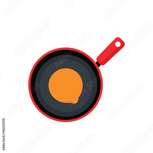  Vector icon of pancake in cartoon frying pan. Yellow hotcake flying in air on black skillet, chefs movement. 