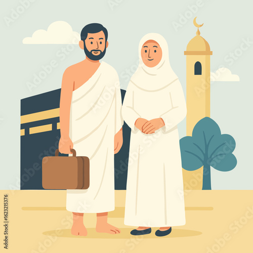 Muslim Couple in Ihram Clothes Standing in Front of Kaaba - Hajj and Umrah Flat Illustration
