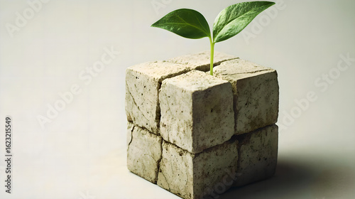 A clean background, a green sprout emerging from the cracked concrete cube, symbolize the breakthrough ecological innovation achieved through the climate action plan
