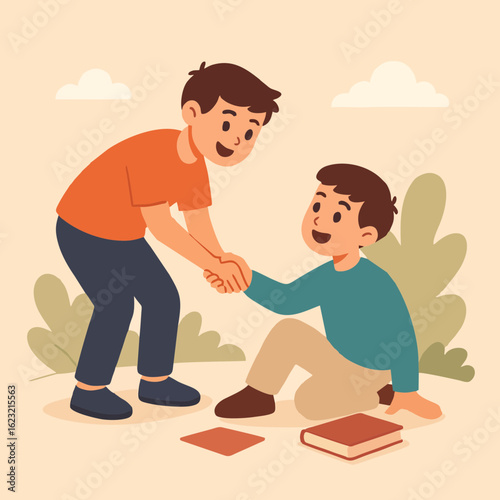 Boy Helping Friend Stand Up - Kindness and Friendship Illustration
