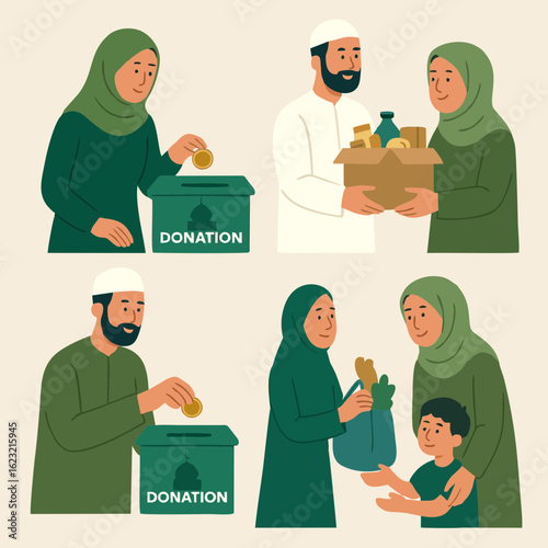 Flat vector illustration of Muslim men and women participating in charitable acts such as giving food and donating money. Depicts Islamic values of generosity, zakat, and social care. Ideal for Ramada